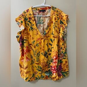 Rachel Roy Womens Blouse Size 3X Yellow Floral Flutter Sleeve Linen Blend